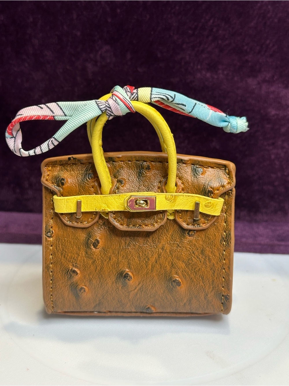 Mini Tan Ostrich Embossed Bag Charm Yellow Contrast Handles Gold Hardware